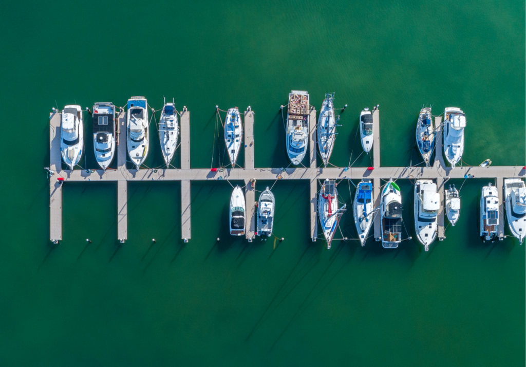 An overhead shot of the future Saltleaf Marina, with 72 spots and a boat shuttle to take residents out on excursions on Estero Bay