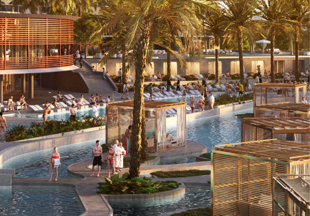 Backing up to the marina, residents gaze out on the open water from a pavilion pod on the lagoon