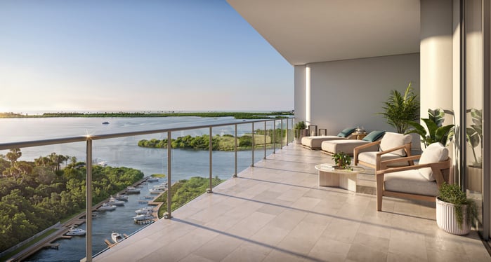 Scenic waterfront view from a private balcony at The Ritz-Carlton Residences, Estero Bay