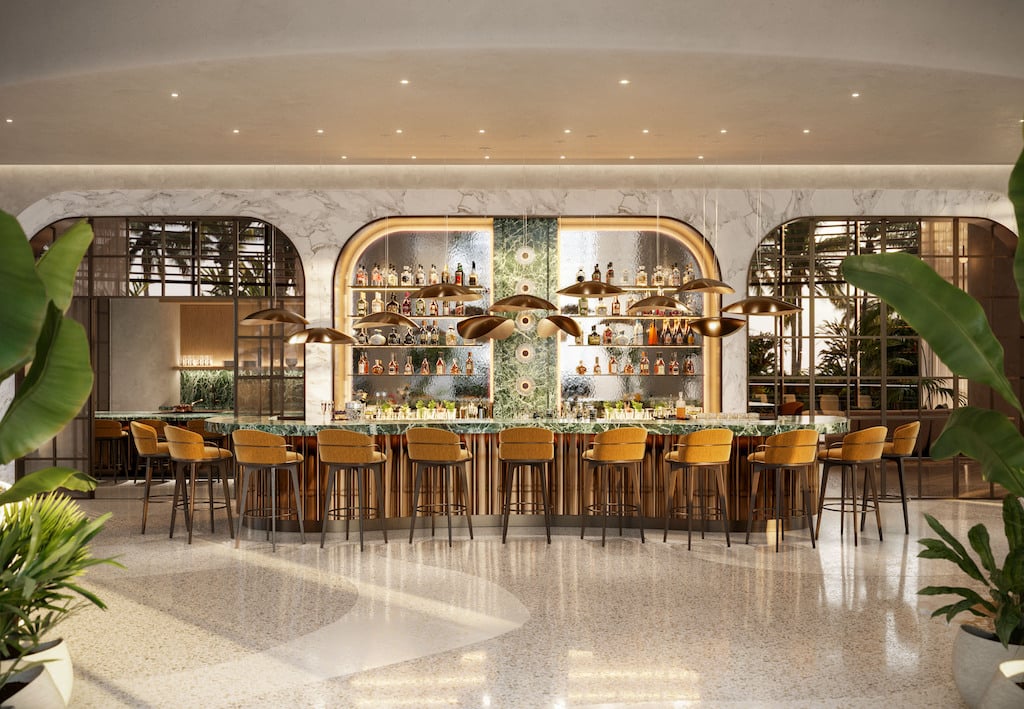 Rendering of the sunset lounge bar with top-shelf drinks, ample seating and marble backdrop