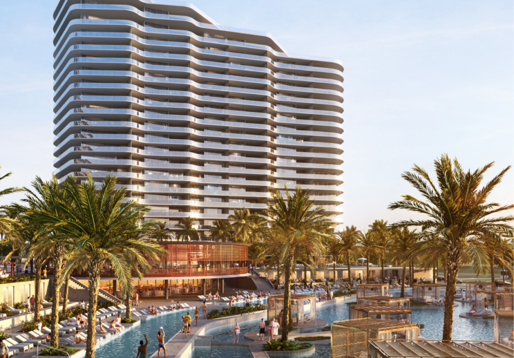 Exterior rendering of The South Tower of The Ritz-Carlton Residences, Estero Bay, overlooking the pool bar and lounge of The Oasis with luxury condos for sale