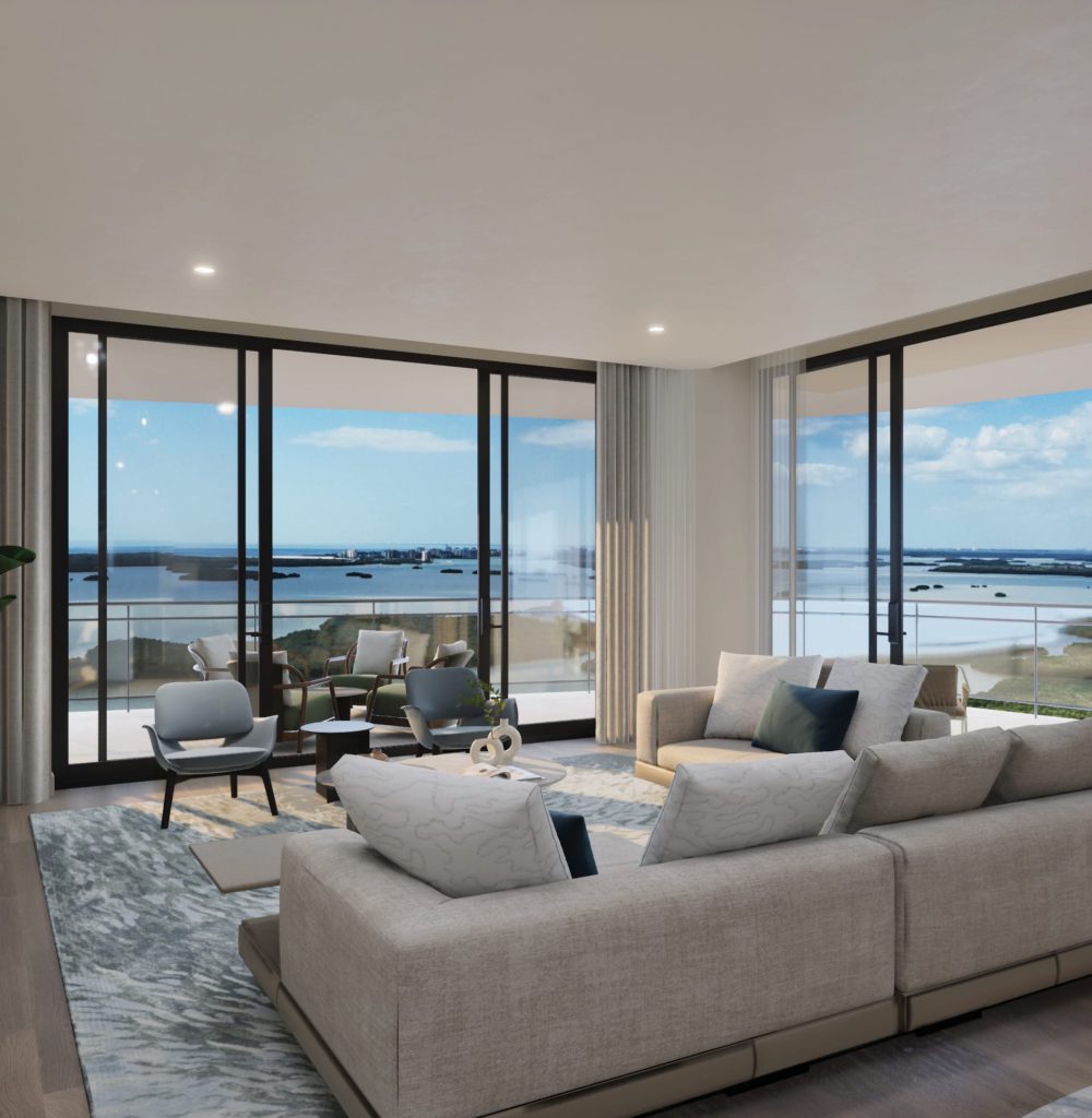 A rendering of an artfully-designed living room of a luxury condo for sale in The Ritz-Carlton Residences, Estero Bay, with floor to ceiling windows that allow for an endlessly scenic view of the bay