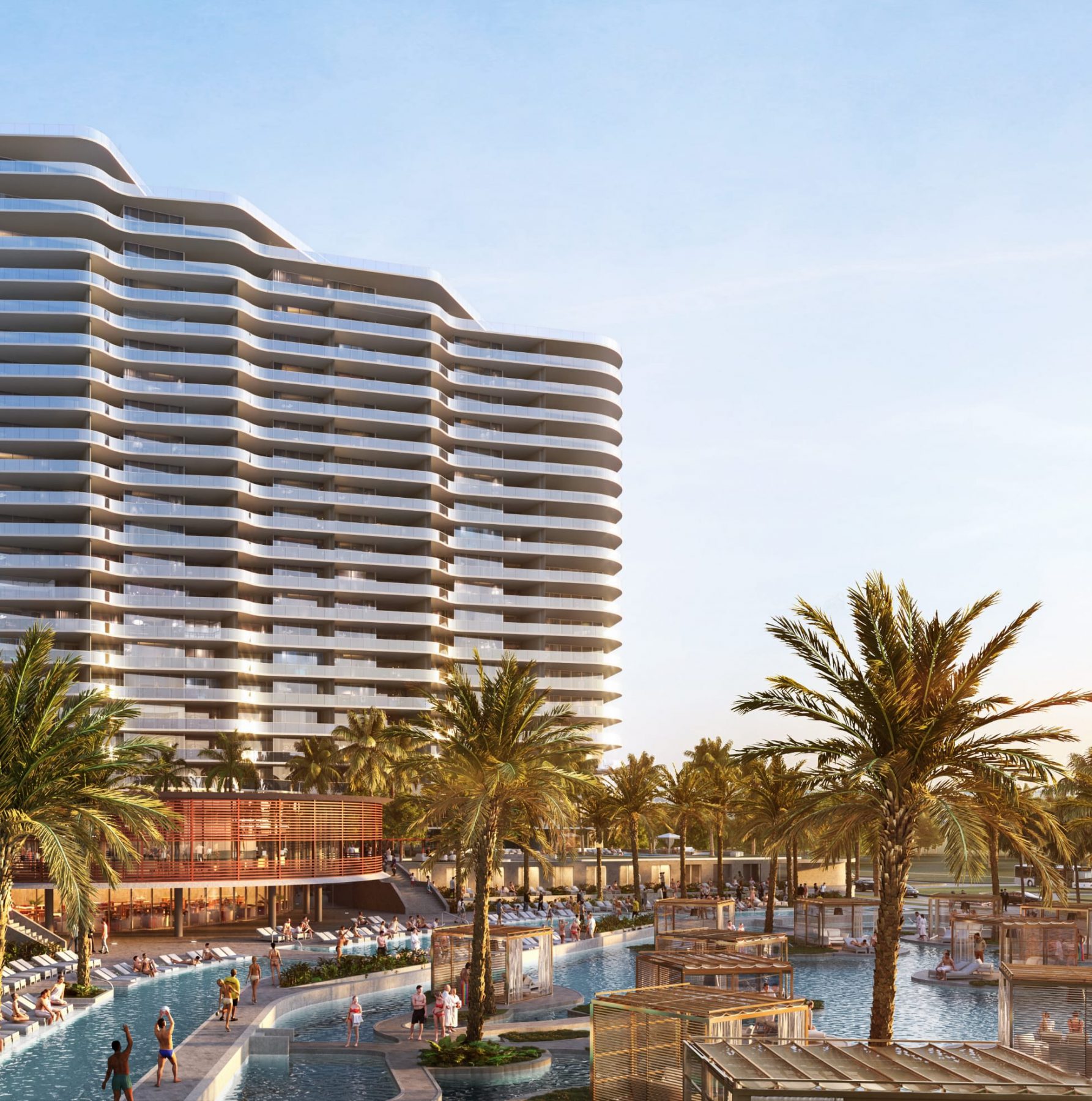An exterior rendering of South Tower of The Ritz-Carlton Residences, Estero Bay, overlooking the pool bar and lounge of The Oasis