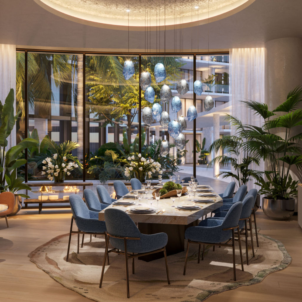 Rendering of the private dining room at The Ritz-Carlton Residences, Estero Bay with a large table, plush seating and greenery