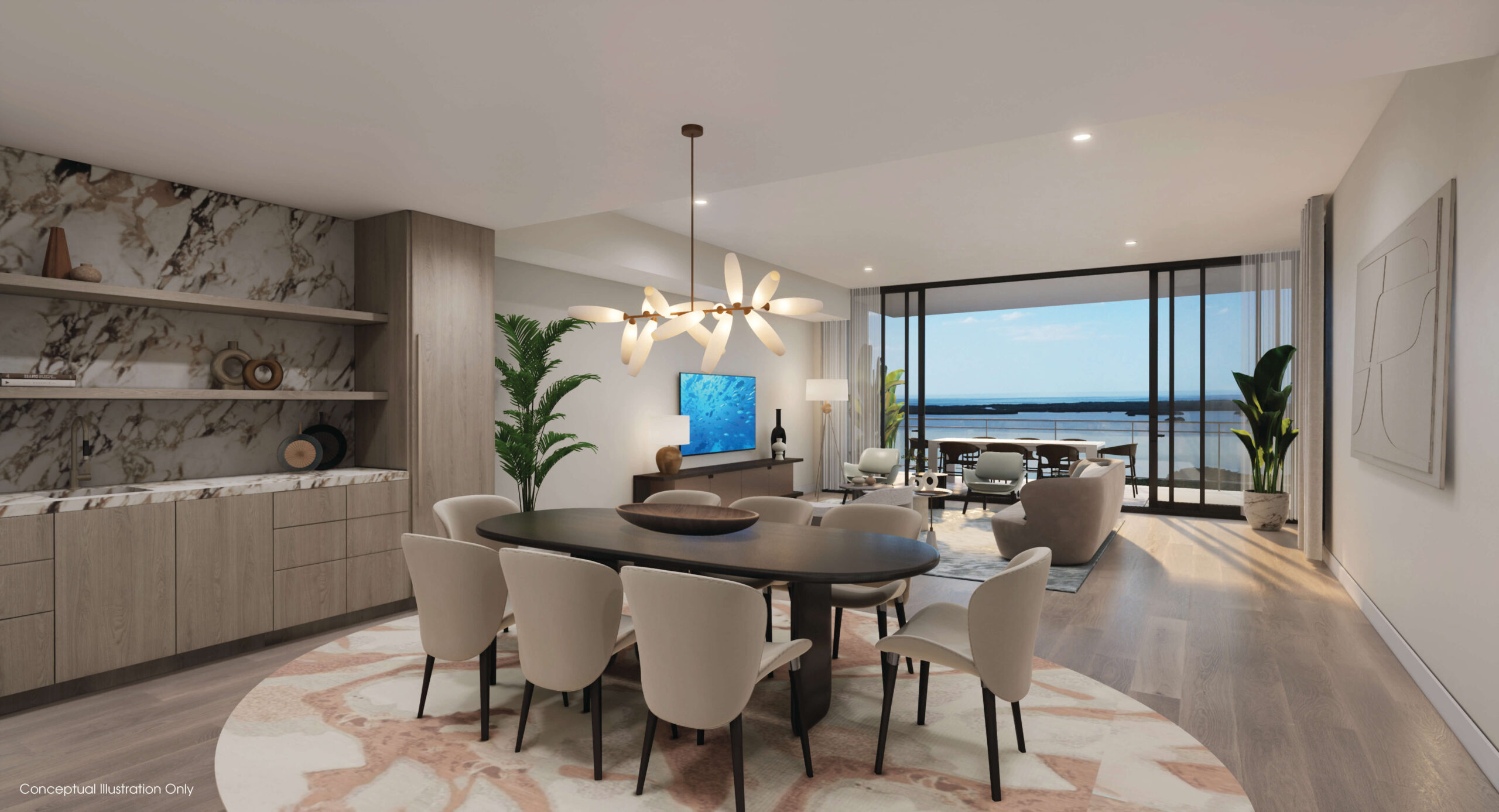 Residence 03 dining room with natural elements and a view of the bay