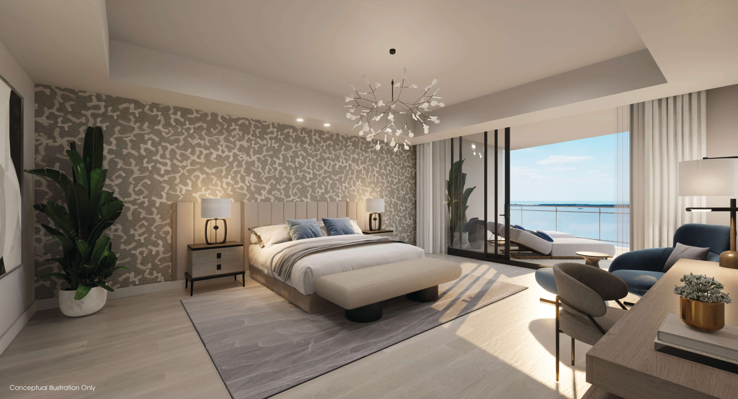 Residence 01 master bedroom with views of Estero Bay