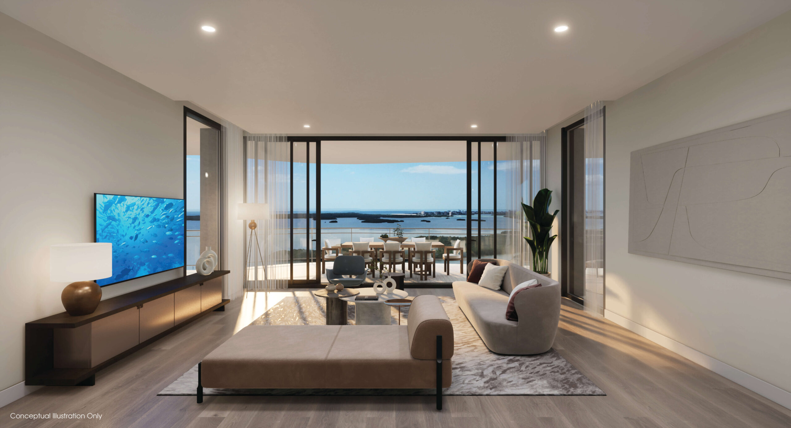 Residence 02 living room with views of Estero Bay