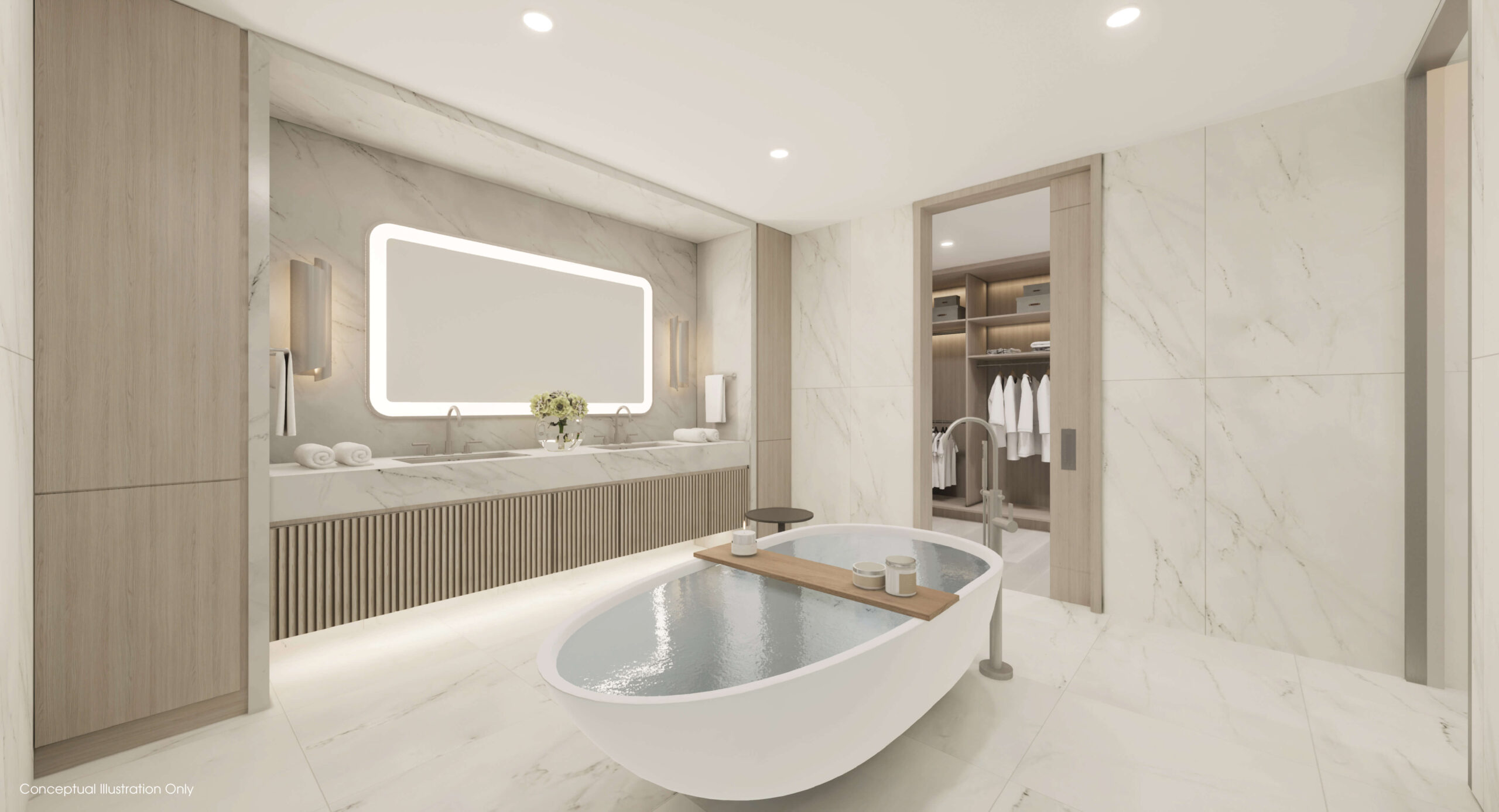 Residence 01 master bathroom with freestanding tub and walk-in closet