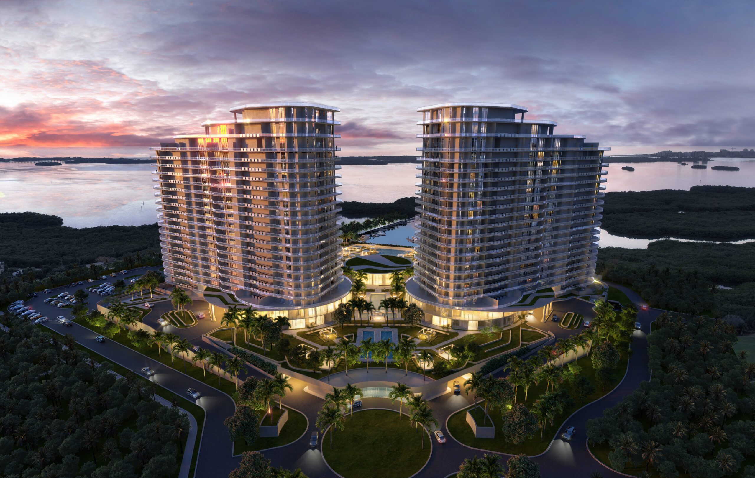 The Ritz-Carlton Residences, Estero Bay entryway experience where two towers frame the bay in the background