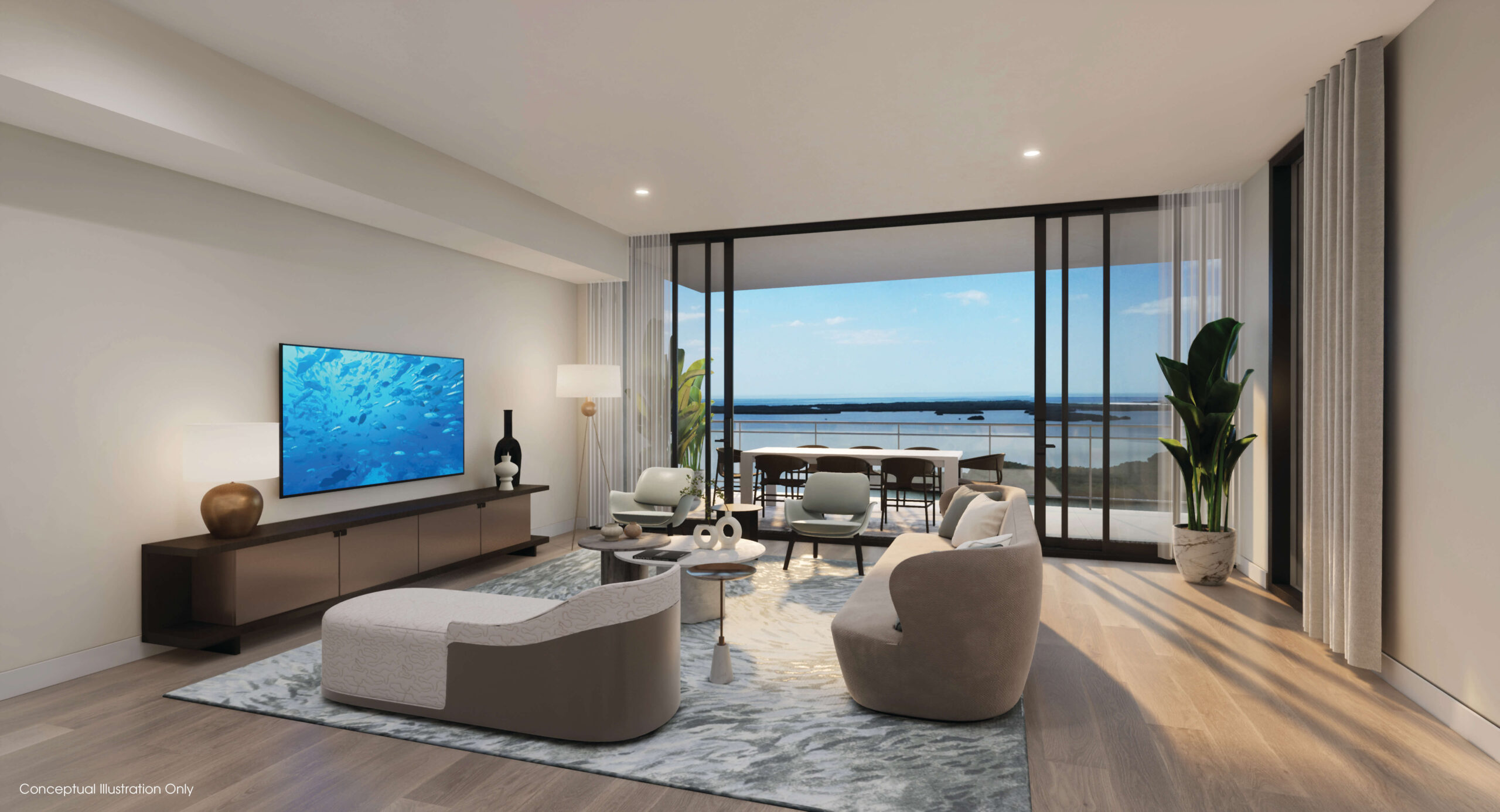 Residence 03 living room with large balcony and bay view