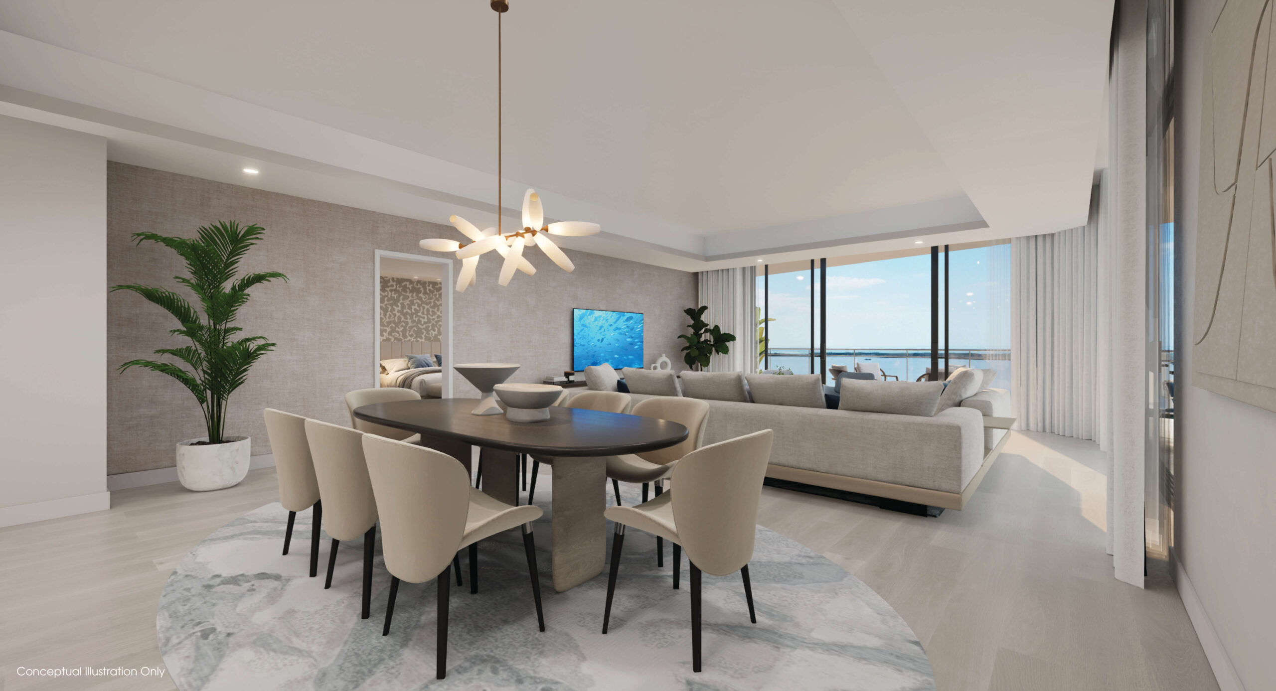 Residence 01 dining room with soft tones and large windows